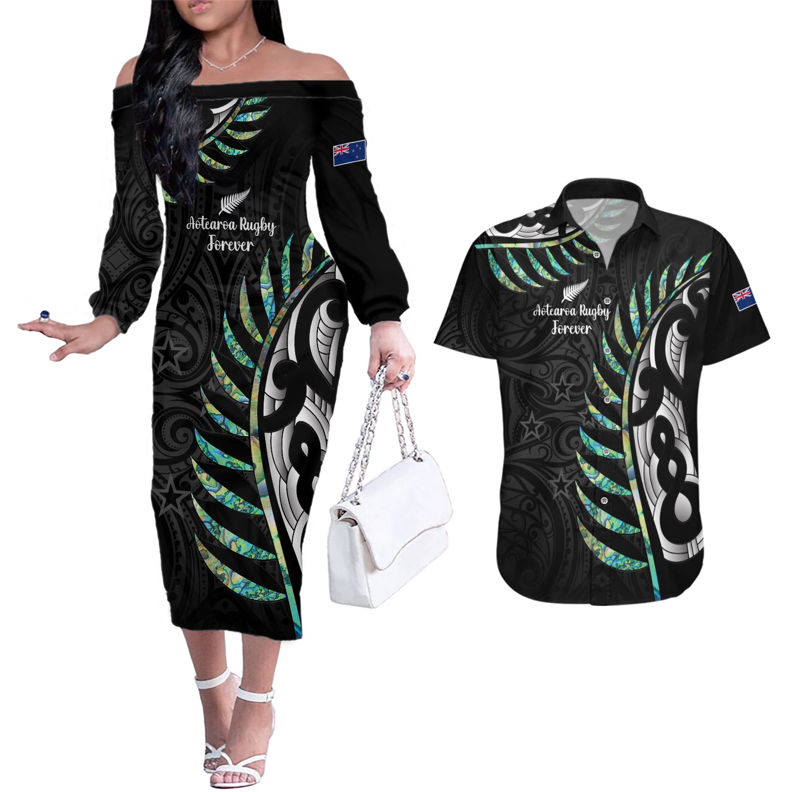 personalised-new-zealand-silver-fern-rugby-couples-matching-off-the-shoulder-long-sleeve-dress-and-hawaiian-shirt-paua-shell-with-champions-trophy-history-nz-forever