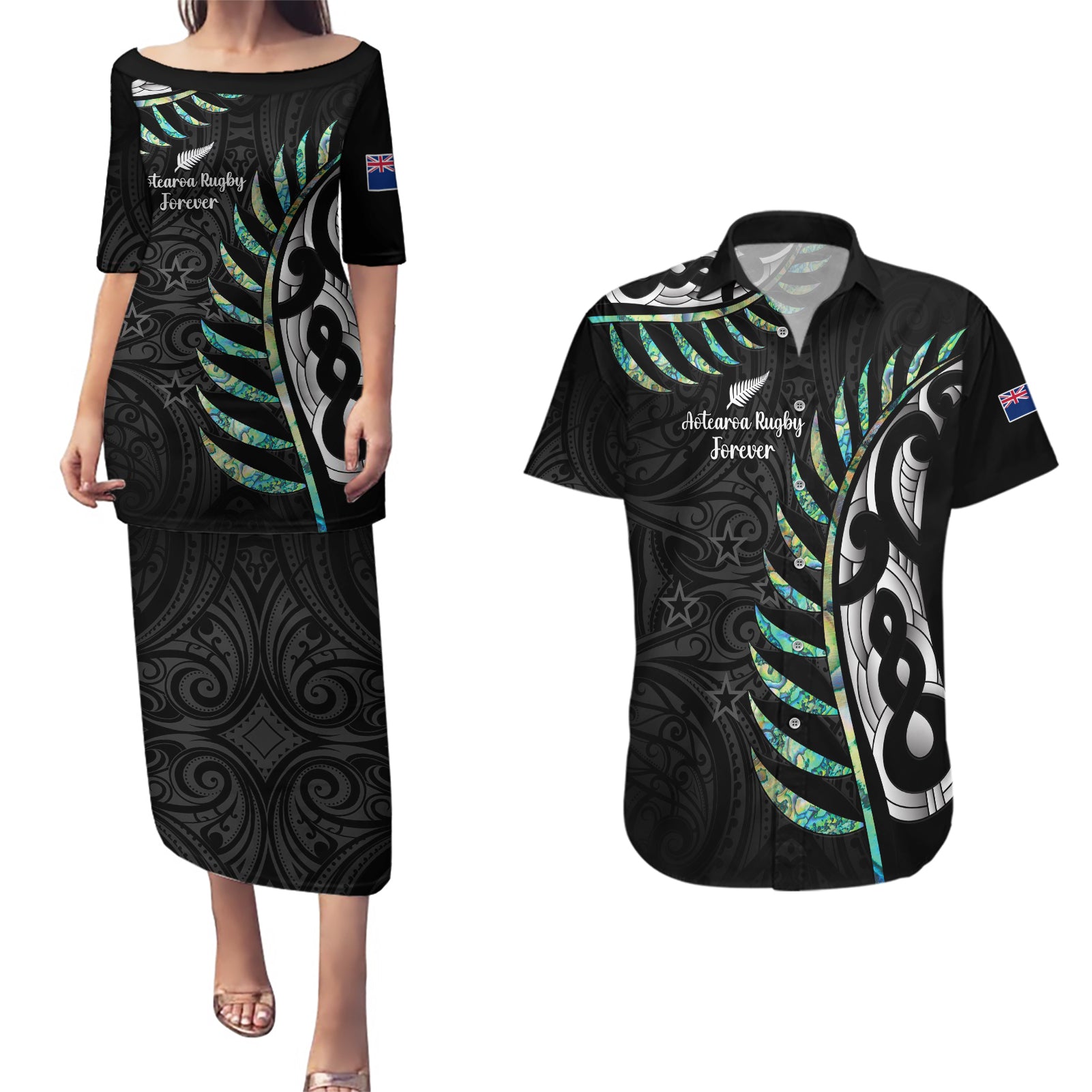 personalised-new-zealand-silver-fern-rugby-couples-matching-puletasi-dress-and-hawaiian-shirt-paua-shell-with-champions-trophy-history-nz-forever