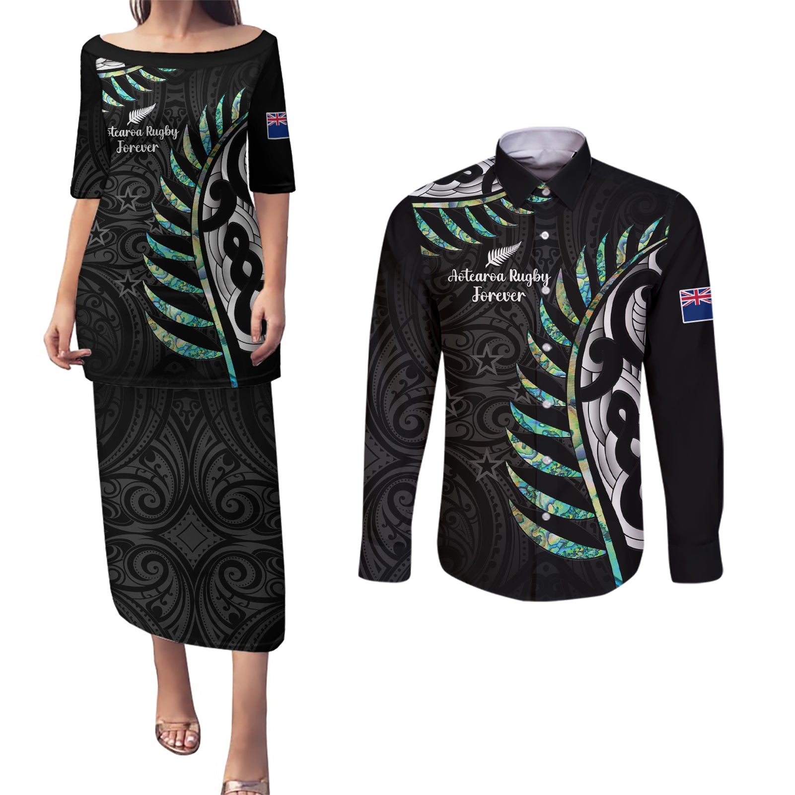 personalised-new-zealand-silver-fern-rugby-couples-matching-puletasi-dress-and-long-sleeve-button-shirt-paua-shell-with-champions-trophy-history-nz-forever