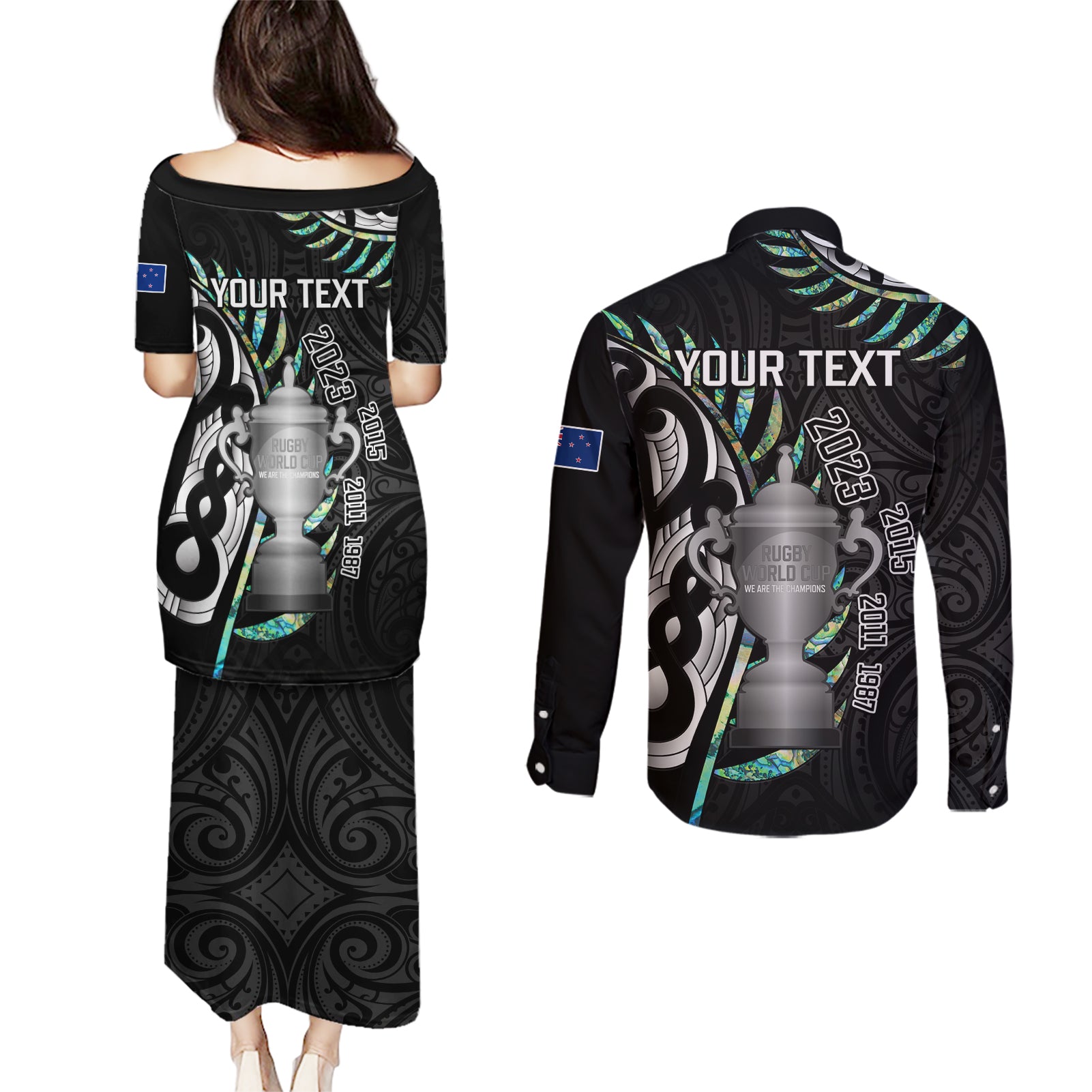 personalised-new-zealand-silver-fern-rugby-couples-matching-puletasi-dress-and-long-sleeve-button-shirt-paua-shell-with-champions-trophy-history-nz-forever