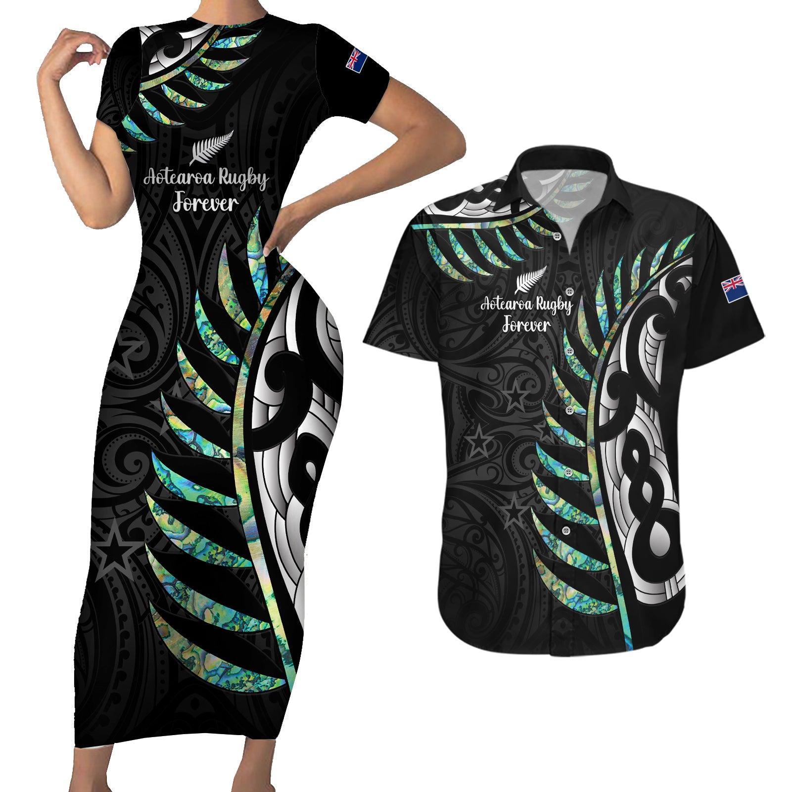 personalised-new-zealand-silver-fern-rugby-couples-matching-short-sleeve-bodycon-dress-and-hawaiian-shirt-paua-shell-with-champions-trophy-history-nz-forever