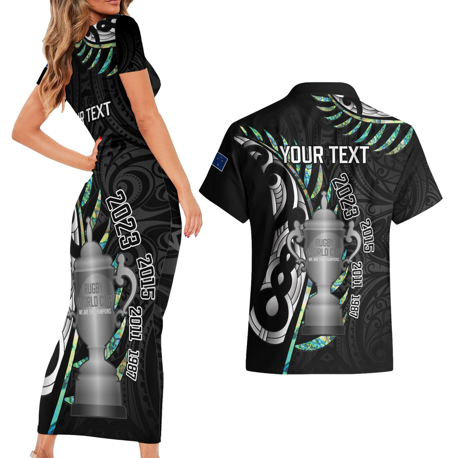 personalised-new-zealand-silver-fern-rugby-couples-matching-short-sleeve-bodycon-dress-and-hawaiian-shirt-paua-shell-with-champions-trophy-history-nz-forever