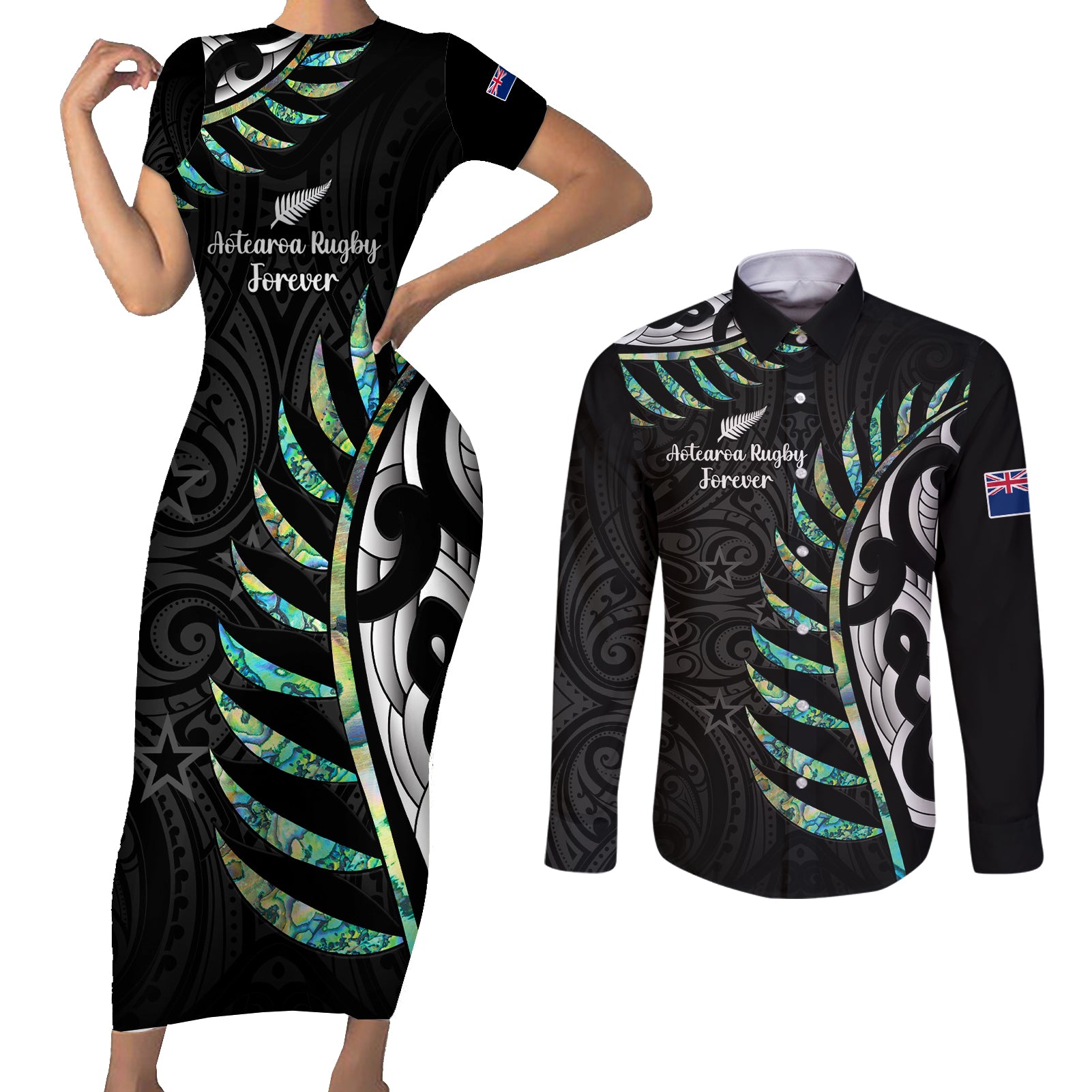 personalised-new-zealand-silver-fern-rugby-couples-matching-short-sleeve-bodycon-dress-and-long-sleeve-button-shirt-paua-shell-with-champions-trophy-history-nz-forever