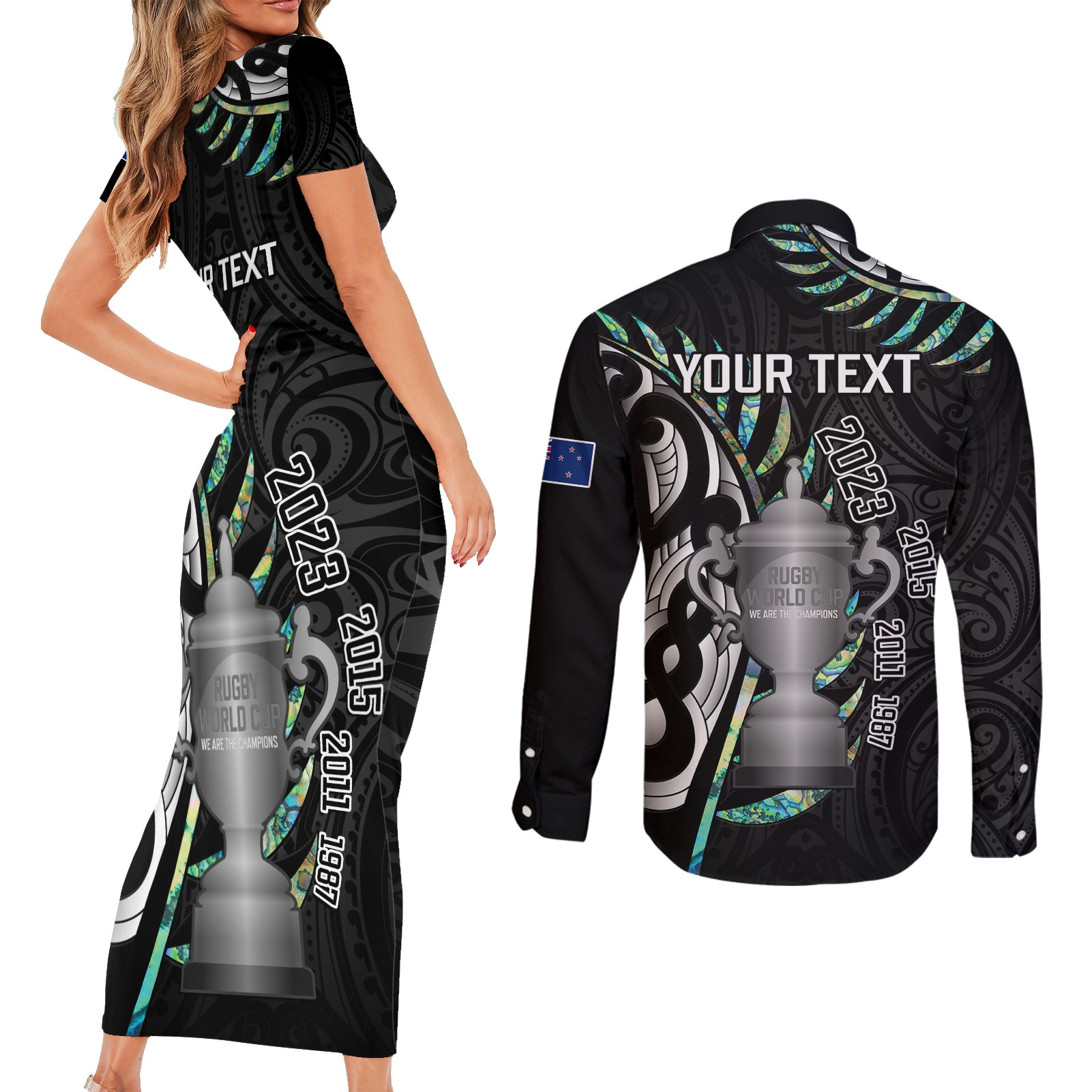 personalised-new-zealand-silver-fern-rugby-couples-matching-short-sleeve-bodycon-dress-and-long-sleeve-button-shirt-paua-shell-with-champions-trophy-history-nz-forever