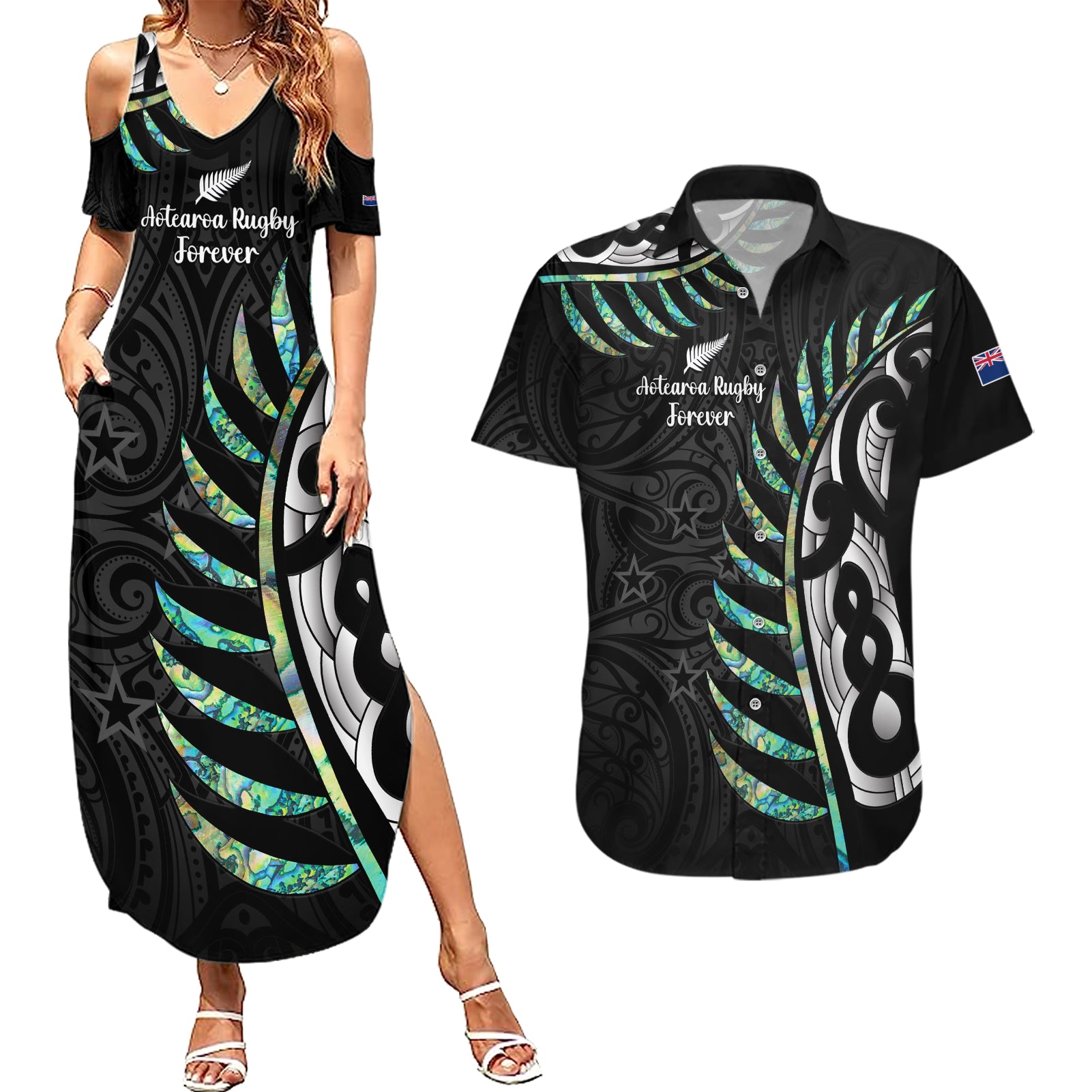 personalised-new-zealand-silver-fern-rugby-couples-matching-summer-maxi-dress-and-hawaiian-shirt-paua-shell-with-champions-trophy-history-nz-forever