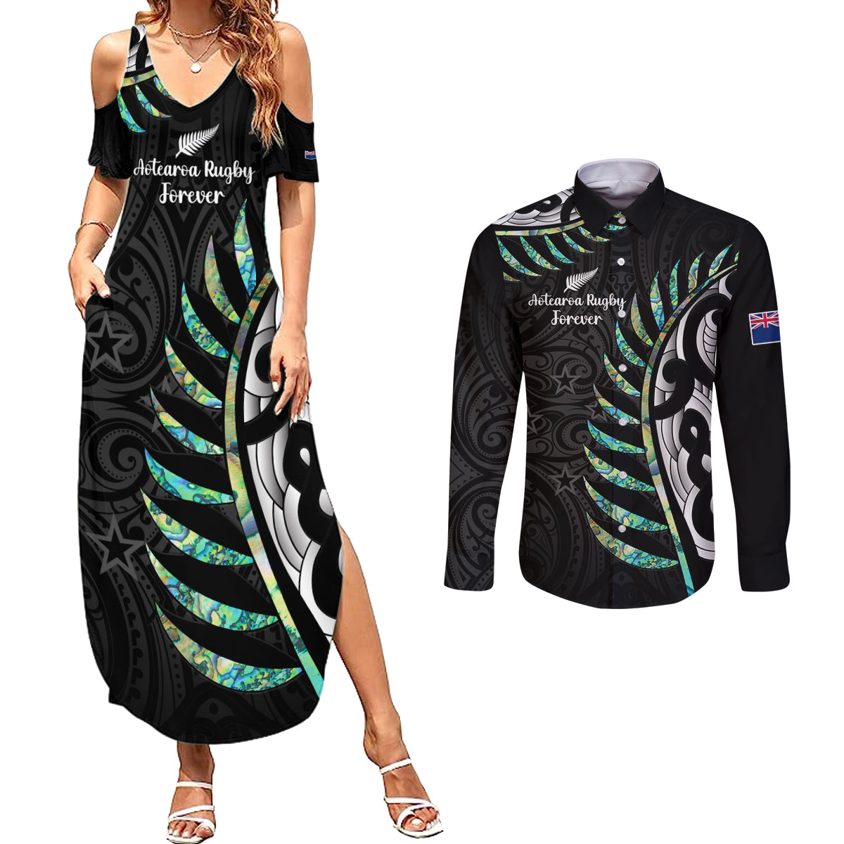 personalised-new-zealand-silver-fern-rugby-couples-matching-summer-maxi-dress-and-long-sleeve-button-shirt-paua-shell-with-champions-trophy-history-nz-forever