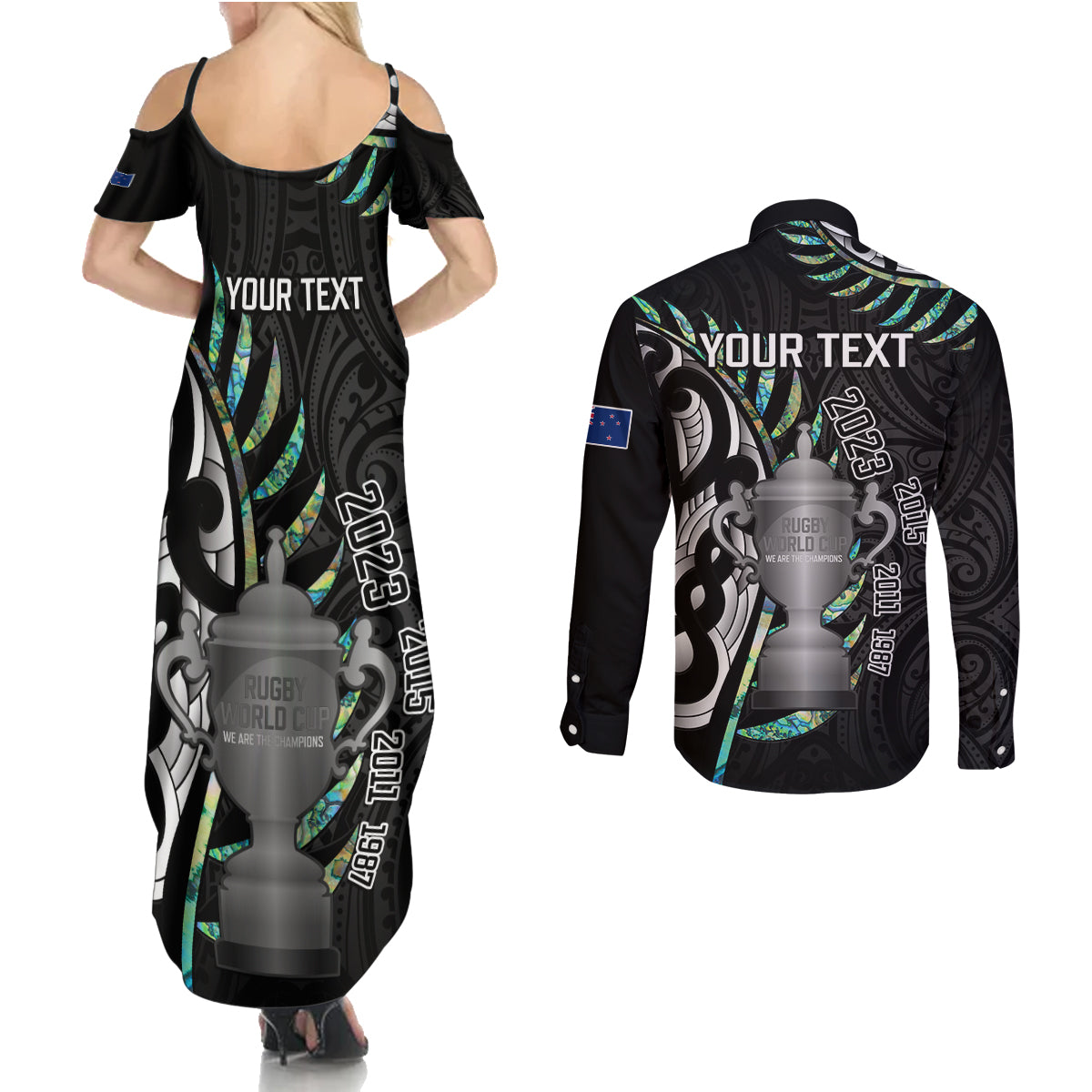 personalised-new-zealand-silver-fern-rugby-couples-matching-summer-maxi-dress-and-long-sleeve-button-shirt-paua-shell-with-champions-trophy-history-nz-forever