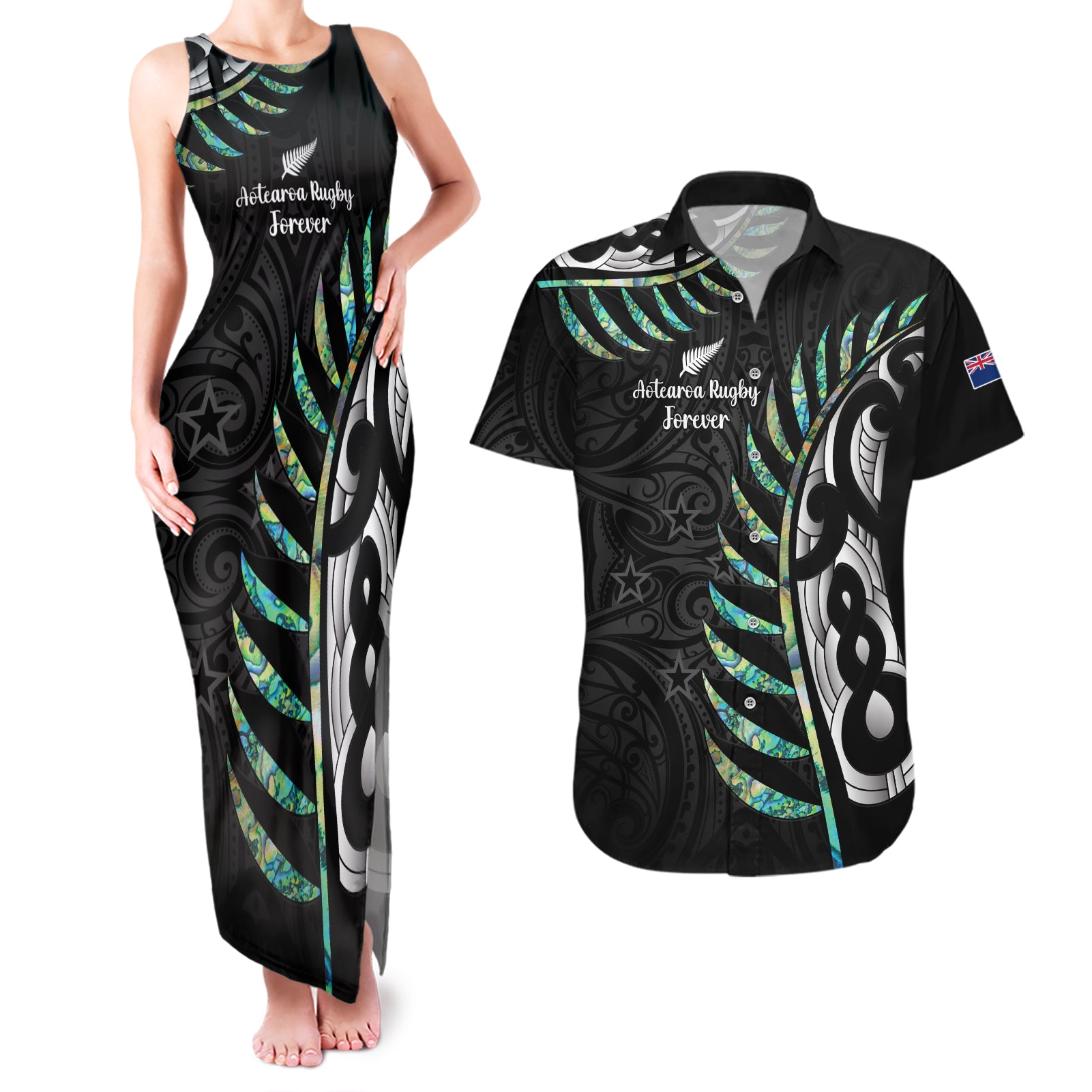 personalised-new-zealand-silver-fern-rugby-couples-matching-tank-maxi-dress-and-hawaiian-shirt-paua-shell-with-champions-trophy-history-nz-forever