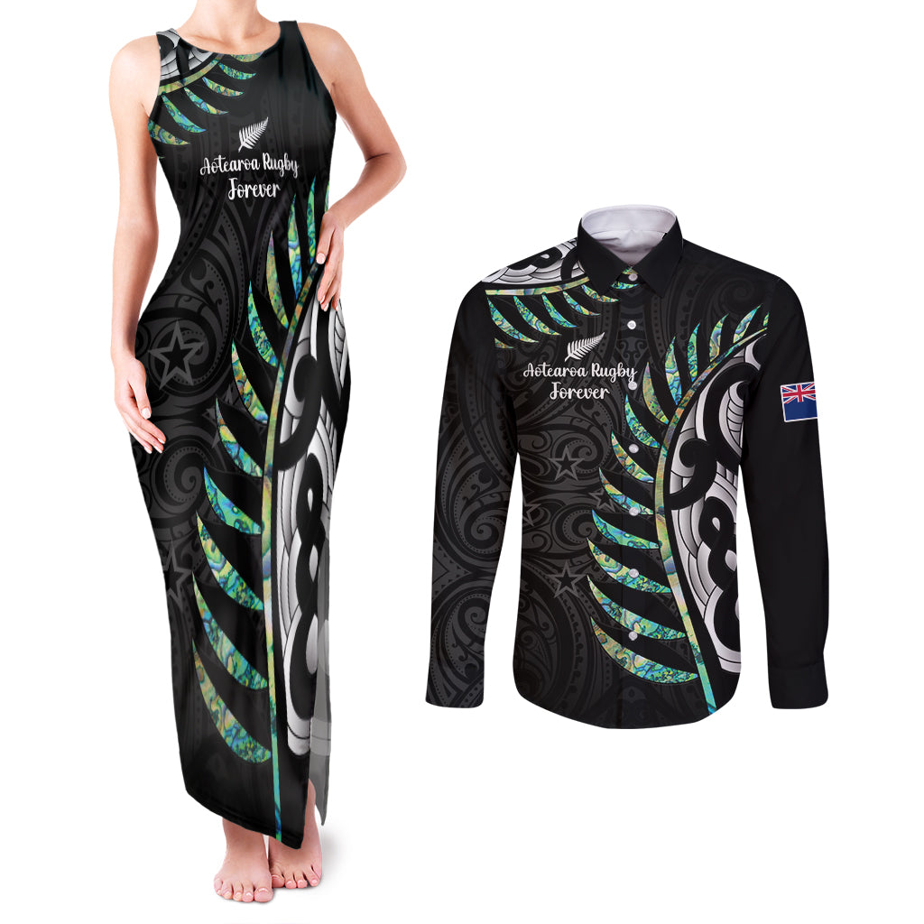 personalised-new-zealand-silver-fern-rugby-couples-matching-tank-maxi-dress-and-long-sleeve-button-shirt-paua-shell-with-champions-trophy-history-nz-forever