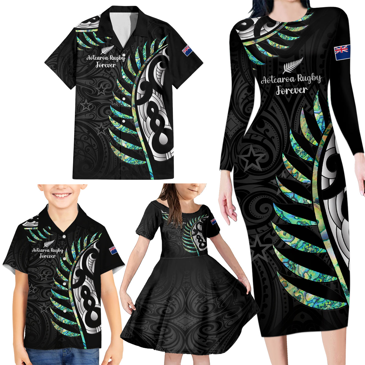 personalised-new-zealand-silver-fern-rugby-family-matching-long-sleeve-bodycon-dress-and-hawaiian-shirt-paua-shell-with-champions-trophy-history-nz-forever