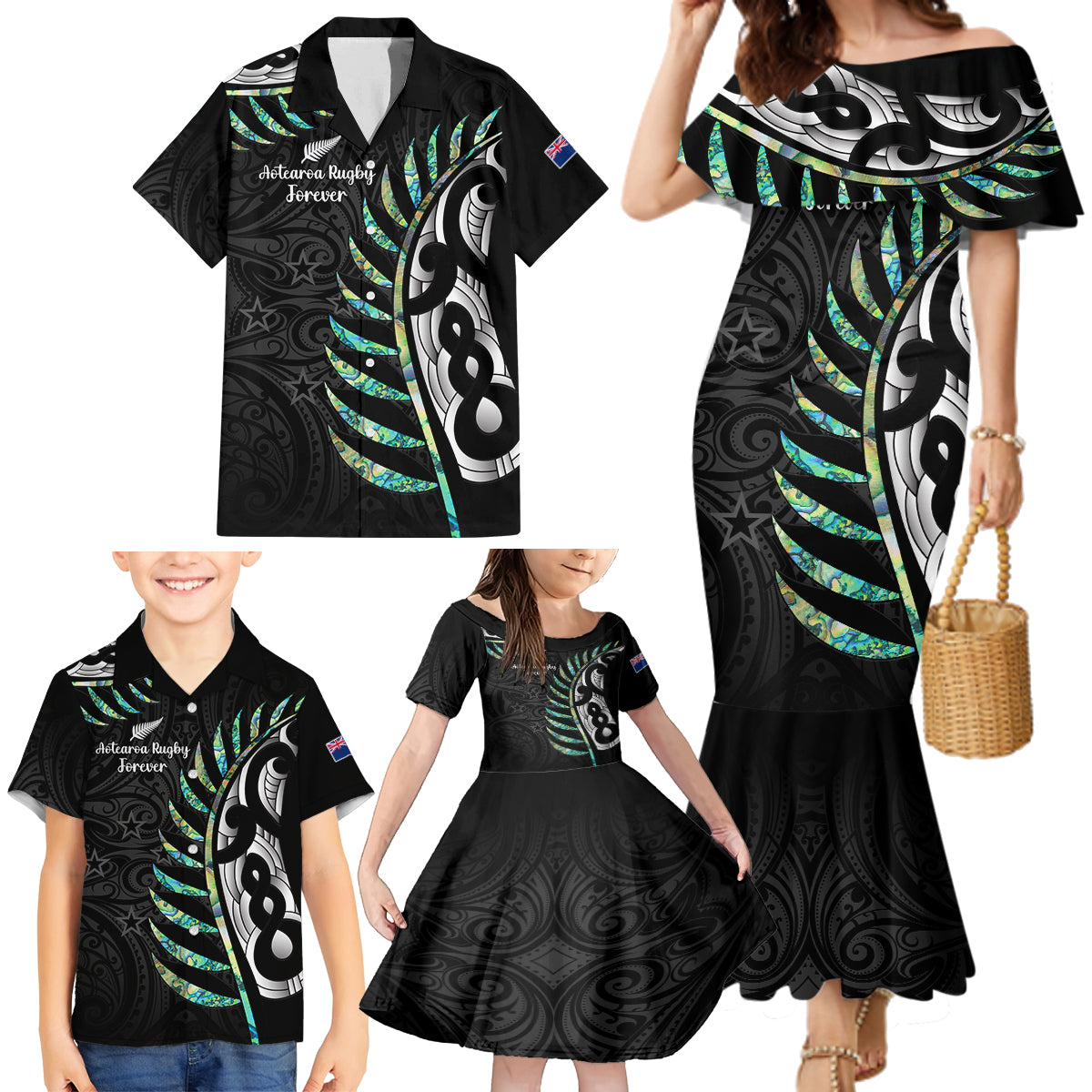 personalised-new-zealand-silver-fern-rugby-family-matching-mermaid-dress-and-hawaiian-shirt-paua-shell-with-champions-trophy-history-nz-forever
