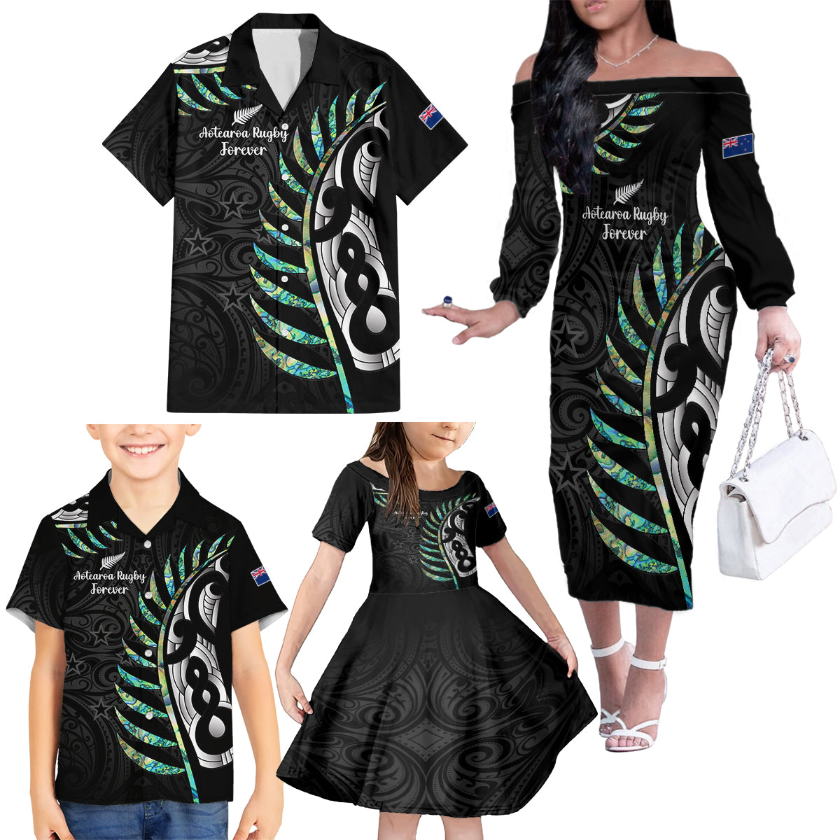 personalised-new-zealand-silver-fern-rugby-family-matching-off-shoulder-long-sleeve-dress-and-hawaiian-shirt-paua-shell-with-champions-trophy-history-nz-forever