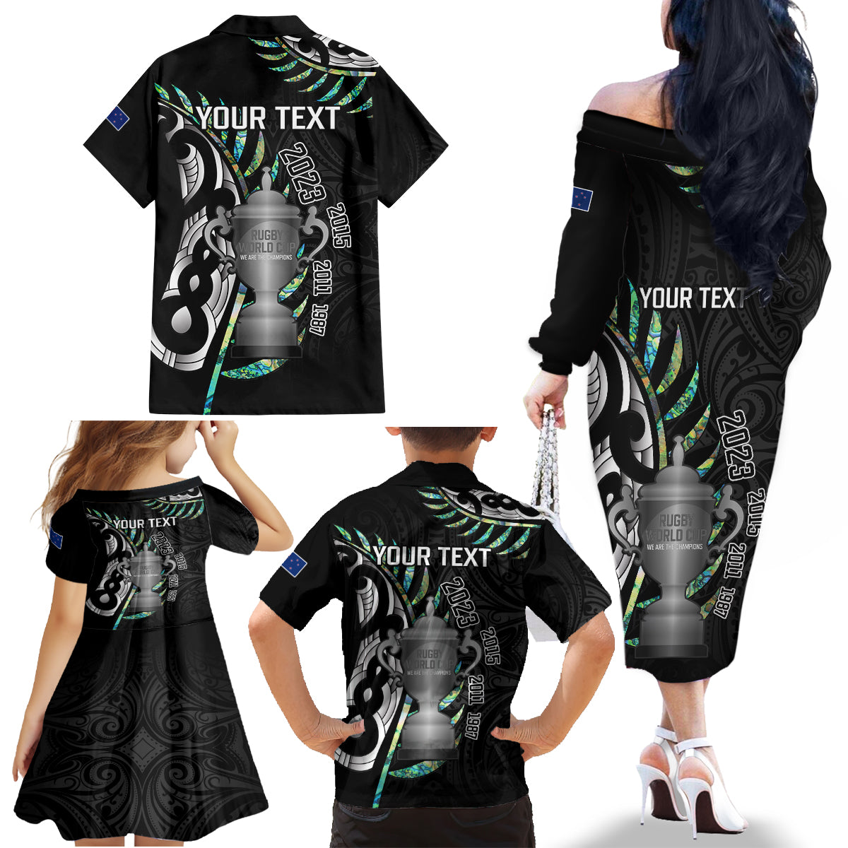 personalised-new-zealand-silver-fern-rugby-family-matching-off-shoulder-long-sleeve-dress-and-hawaiian-shirt-paua-shell-with-champions-trophy-history-nz-forever