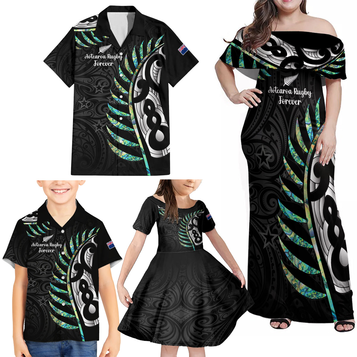 personalised-new-zealand-silver-fern-rugby-family-matching-off-shoulder-maxi-dress-and-hawaiian-shirt-paua-shell-with-champions-trophy-history-nz-forever