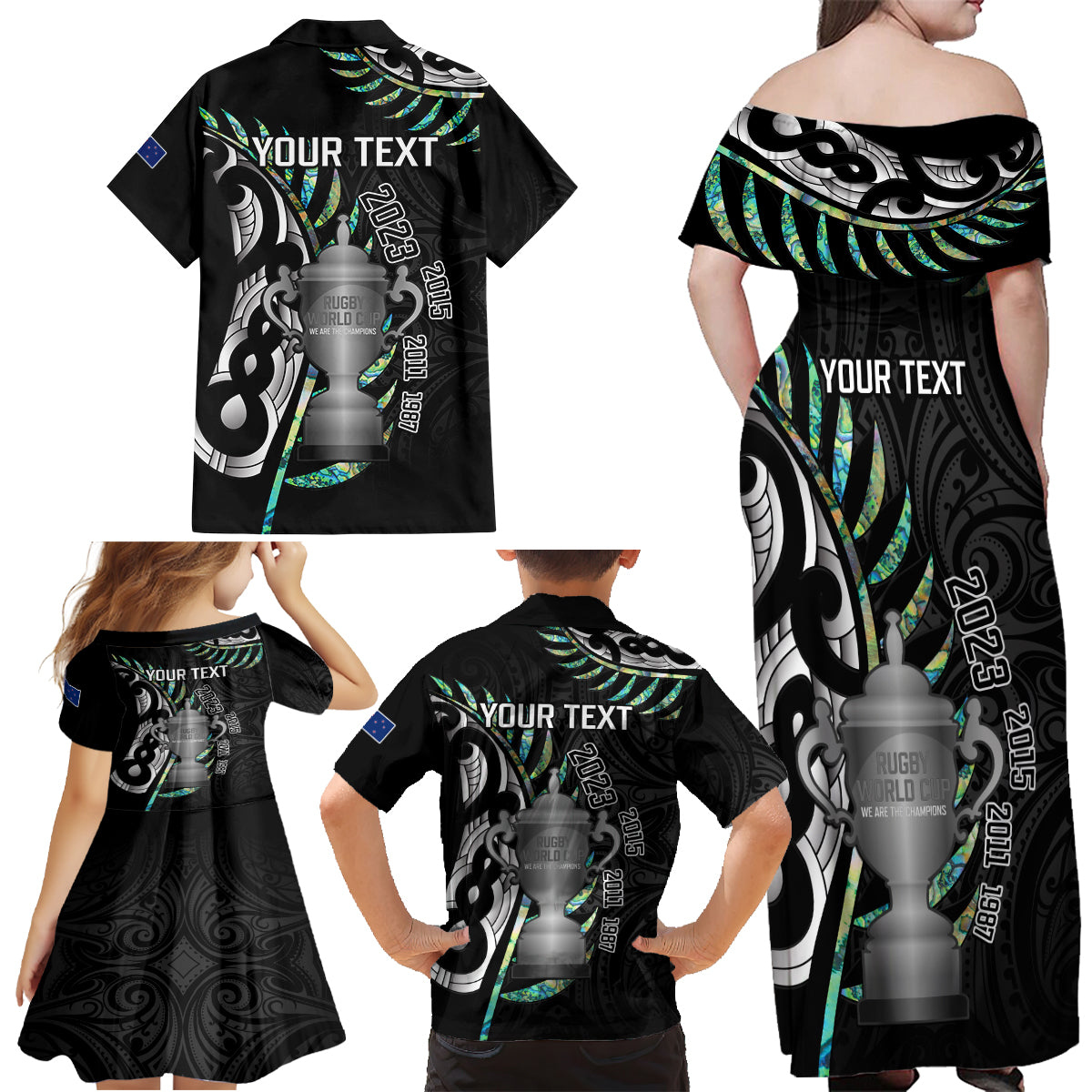 personalised-new-zealand-silver-fern-rugby-family-matching-off-shoulder-maxi-dress-and-hawaiian-shirt-paua-shell-with-champions-trophy-history-nz-forever
