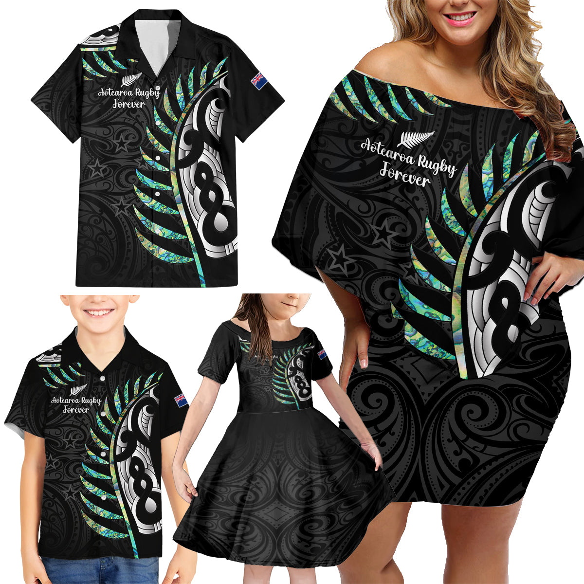 personalised-new-zealand-silver-fern-rugby-family-matching-off-shoulder-short-dress-and-hawaiian-shirt-paua-shell-with-champions-trophy-history-nz-forever