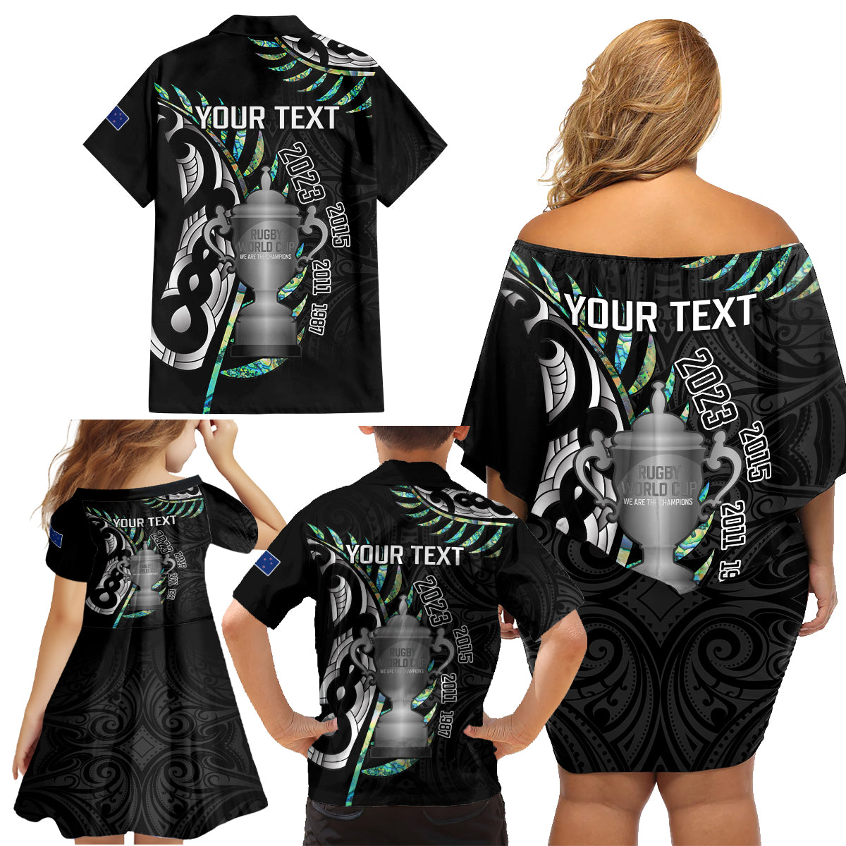 personalised-new-zealand-silver-fern-rugby-family-matching-off-shoulder-short-dress-and-hawaiian-shirt-paua-shell-with-champions-trophy-history-nz-forever