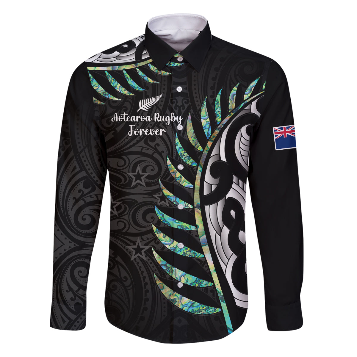 personalised-new-zealand-silver-fern-rugby-family-matching-off-shoulder-short-dress-and-hawaiian-shirt-paua-shell-with-champions-trophy-history-nz-forever