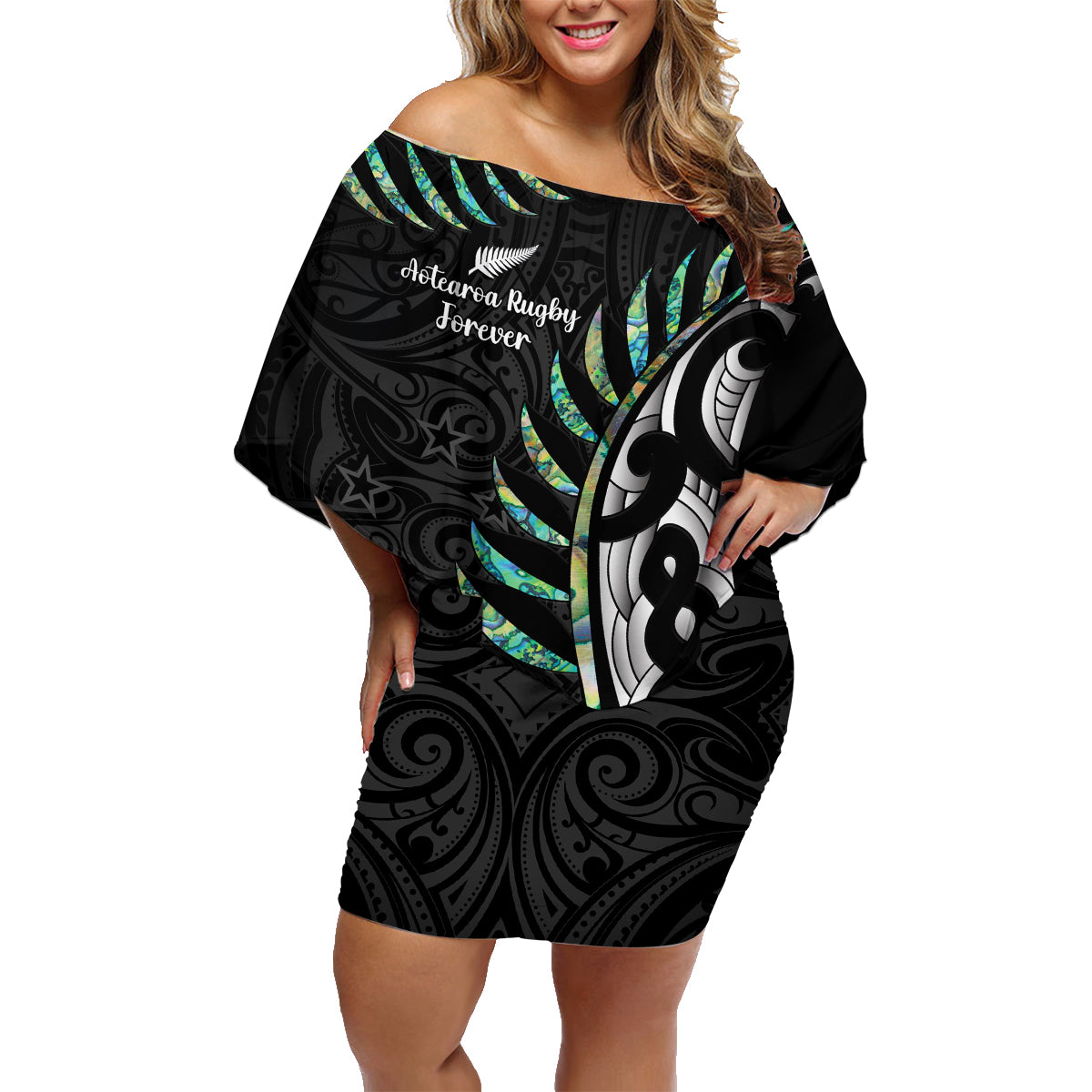 personalised-new-zealand-silver-fern-rugby-family-matching-off-shoulder-short-dress-and-hawaiian-shirt-paua-shell-with-champions-trophy-history-nz-forever
