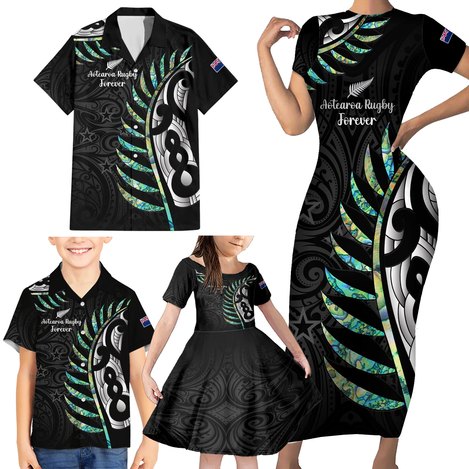 personalised-new-zealand-silver-fern-rugby-family-matching-short-sleeve-bodycon-dress-and-hawaiian-shirt-paua-shell-with-champions-trophy-history-nz-forever