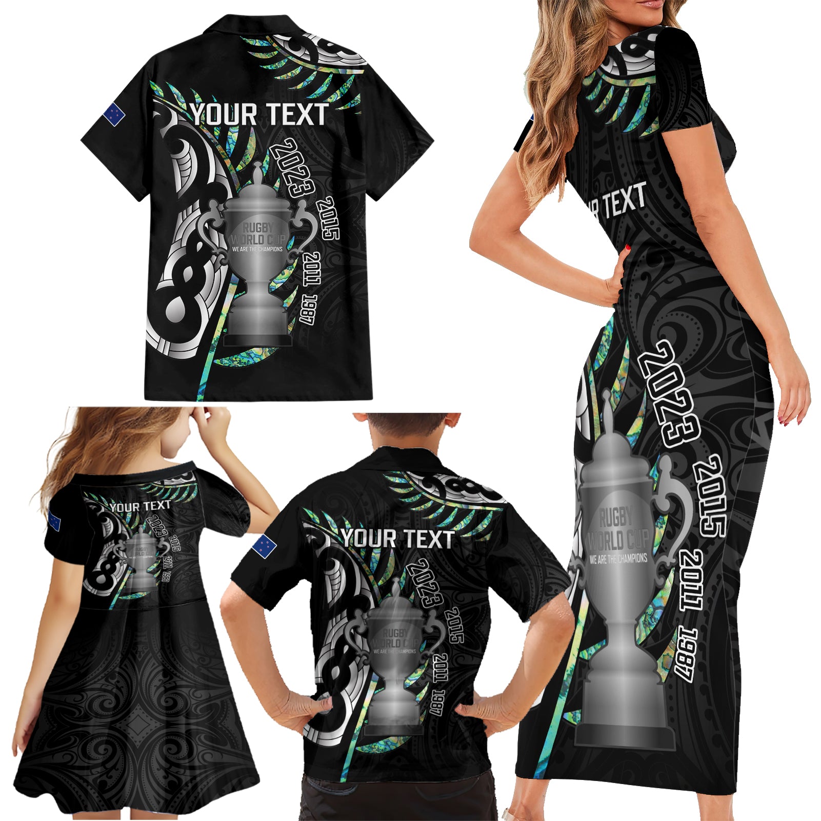 personalised-new-zealand-silver-fern-rugby-family-matching-short-sleeve-bodycon-dress-and-hawaiian-shirt-paua-shell-with-champions-trophy-history-nz-forever