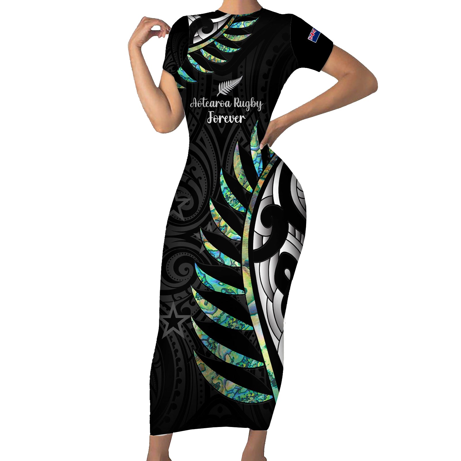 personalised-new-zealand-silver-fern-rugby-family-matching-short-sleeve-bodycon-dress-and-hawaiian-shirt-paua-shell-with-champions-trophy-history-nz-forever