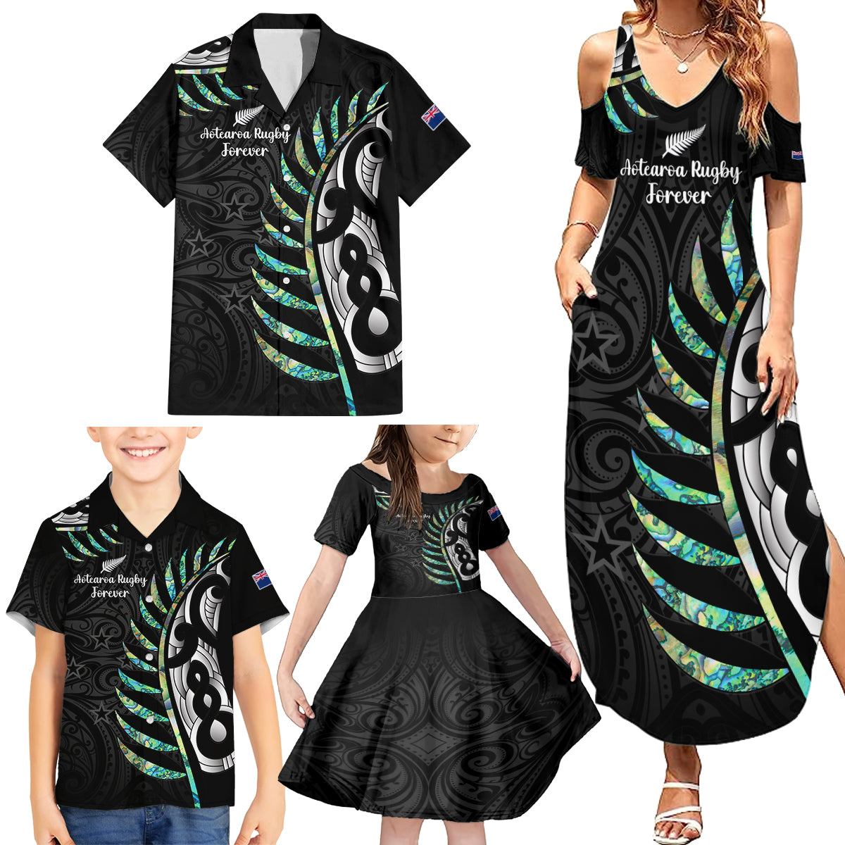 personalised-new-zealand-silver-fern-rugby-family-matching-summer-maxi-dress-and-hawaiian-shirt-paua-shell-with-champions-trophy-history-nz-forever