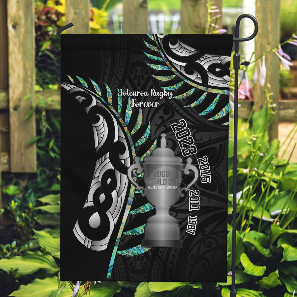 Personalised New Zealand Silver Fern Rugby Garden Flag Paua Shell With Champions Trophy History NZ Forever - Vibe Hoodie Shop