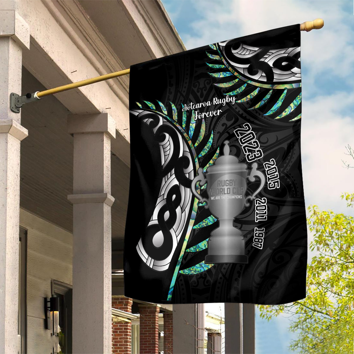 Personalised New Zealand Silver Fern Rugby Garden Flag Paua Shell With Champions Trophy History NZ Forever - Vibe Hoodie Shop