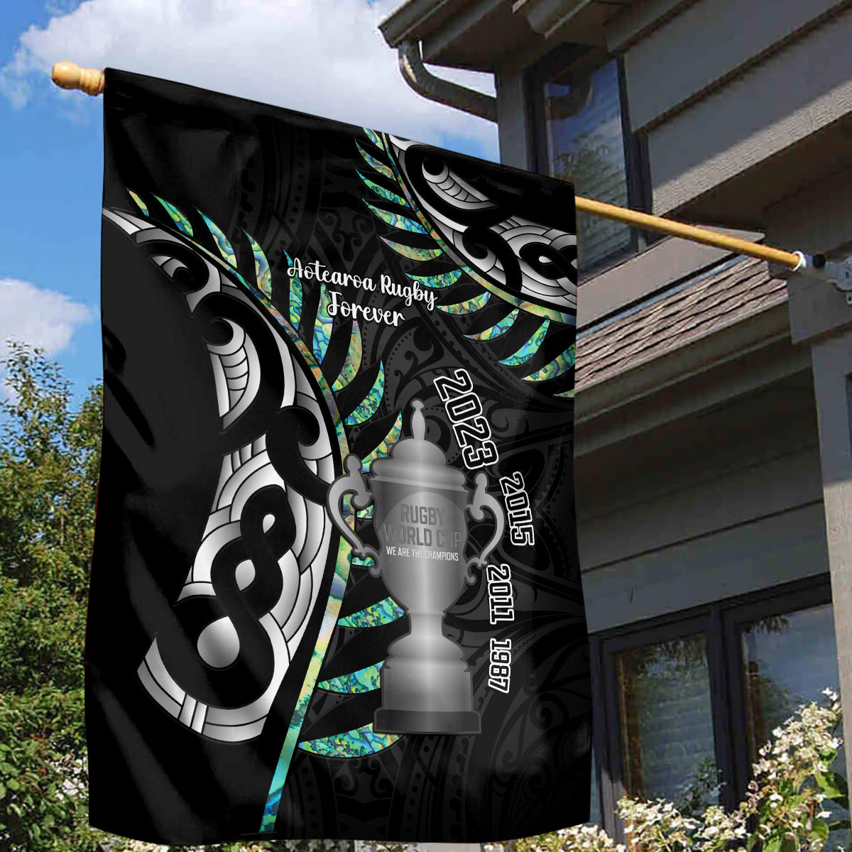 Personalised New Zealand Silver Fern Rugby Garden Flag Paua Shell With Champions Trophy History NZ Forever - Vibe Hoodie Shop