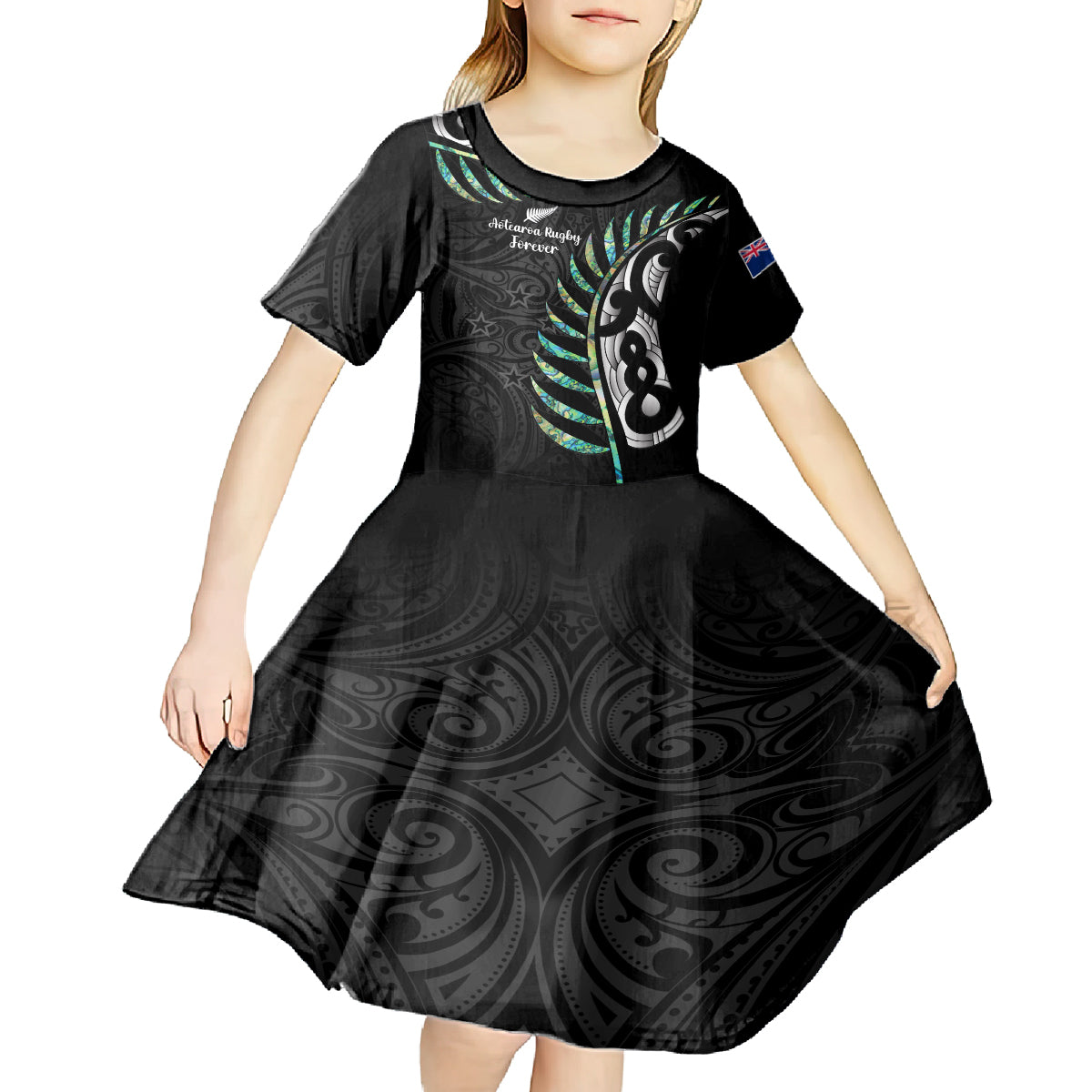 Personalised New Zealand Silver Fern Rugby Kid Short Sleeve Dress Paua Shell With Champions Trophy History NZ Forever - Vibe Hoodie Shop