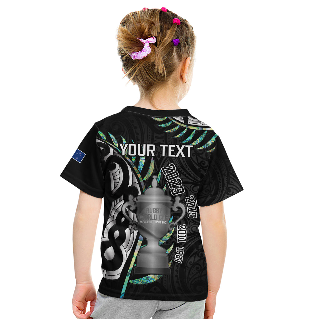 Personalised New Zealand Silver Fern Rugby Kid T Shirt Paua Shell With Champions Trophy History NZ Forever - Vibe Hoodie Shop