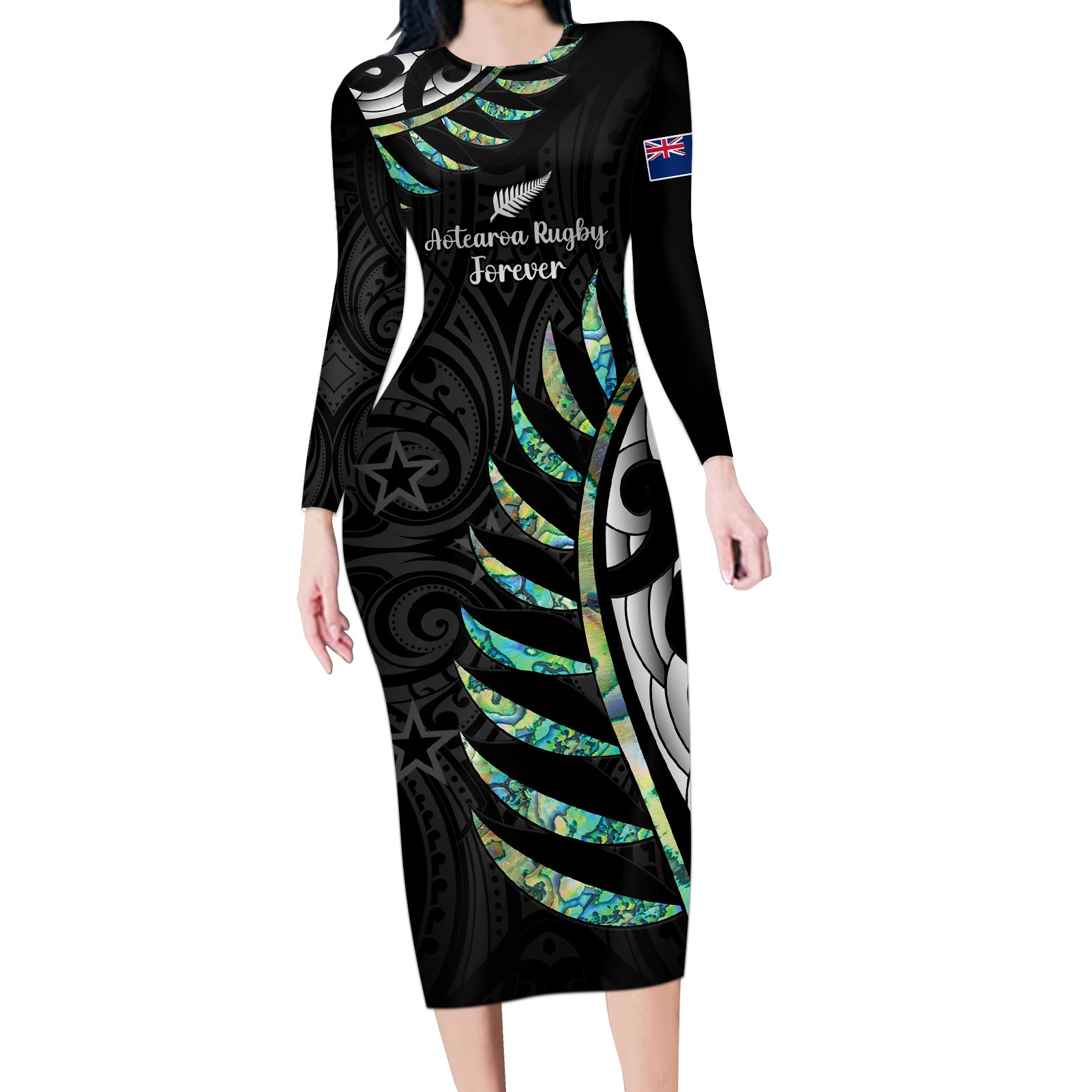 personalised-new-zealand-silver-fern-rugby-long-sleeve-bodycon-dress-paua-shell-with-champions-trophy-history-nz-forever