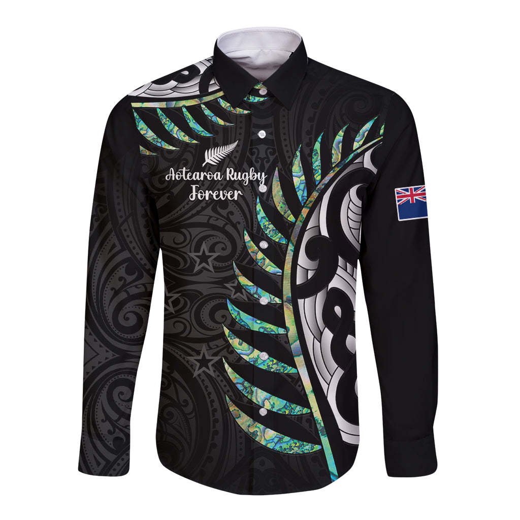 Personalised New Zealand Silver Fern Rugby Long Sleeve Button Shirt Paua Shell With Champions Trophy History NZ Forever - Vibe Hoodie Shop