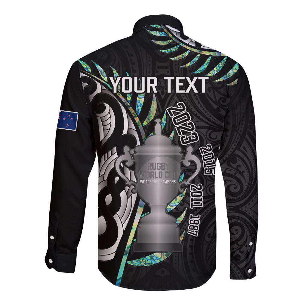 Personalised New Zealand Silver Fern Rugby Long Sleeve Button Shirt Paua Shell With Champions Trophy History NZ Forever - Vibe Hoodie Shop