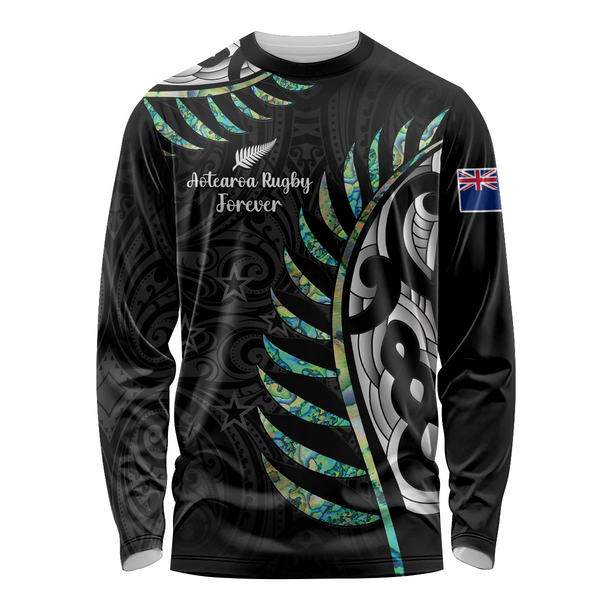 Personalised New Zealand Silver Fern Rugby Long Sleeve Shirt Paua Shell With Champions Trophy History NZ Forever - Vibe Hoodie Shop
