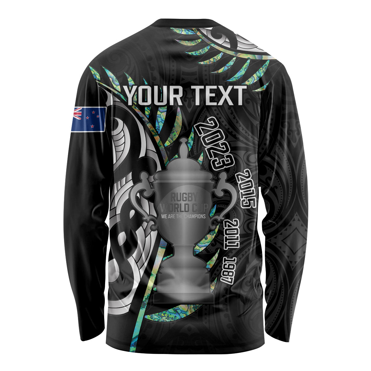 Personalised New Zealand Silver Fern Rugby Long Sleeve Shirt Paua Shell With Champions Trophy History NZ Forever - Vibe Hoodie Shop