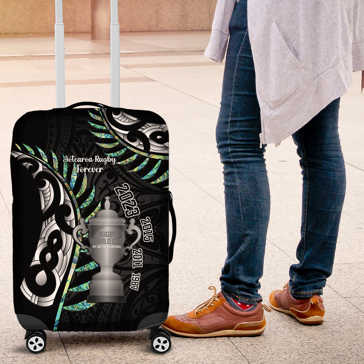 Personalised New Zealand Silver Fern Rugby Luggage Cover Paua Shell With Champions Trophy History NZ Forever - Vibe Hoodie Shop