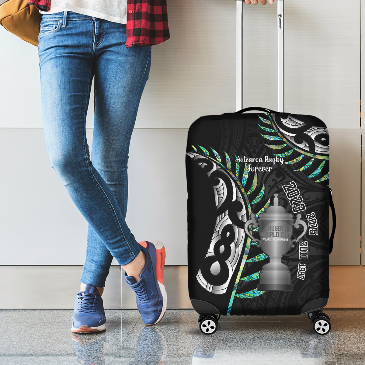 Personalised New Zealand Silver Fern Rugby Luggage Cover Paua Shell With Champions Trophy History NZ Forever - Vibe Hoodie Shop
