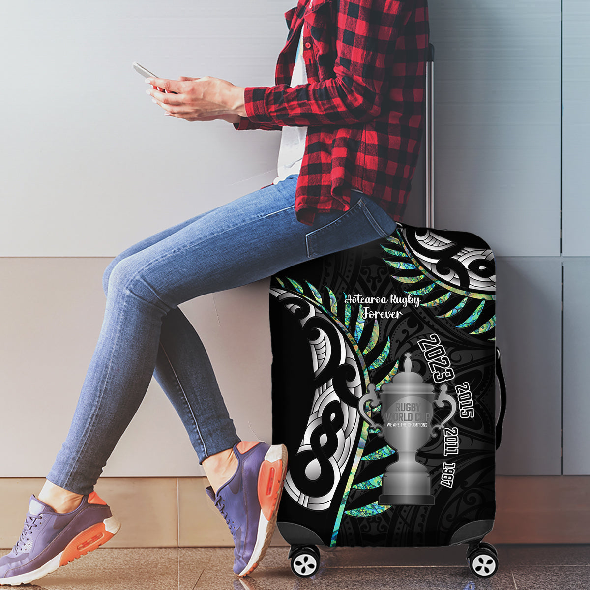 Personalised New Zealand Silver Fern Rugby Luggage Cover Paua Shell With Champions Trophy History NZ Forever - Vibe Hoodie Shop
