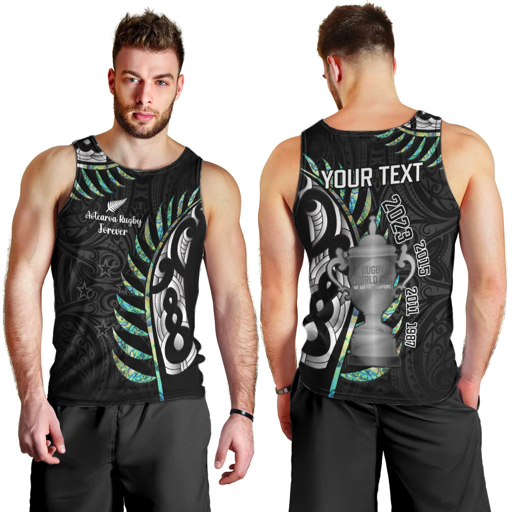 Personalised New Zealand Silver Fern Rugby Men Tank Top Paua Shell With Champions Trophy History NZ Forever - Vibe Hoodie Shop