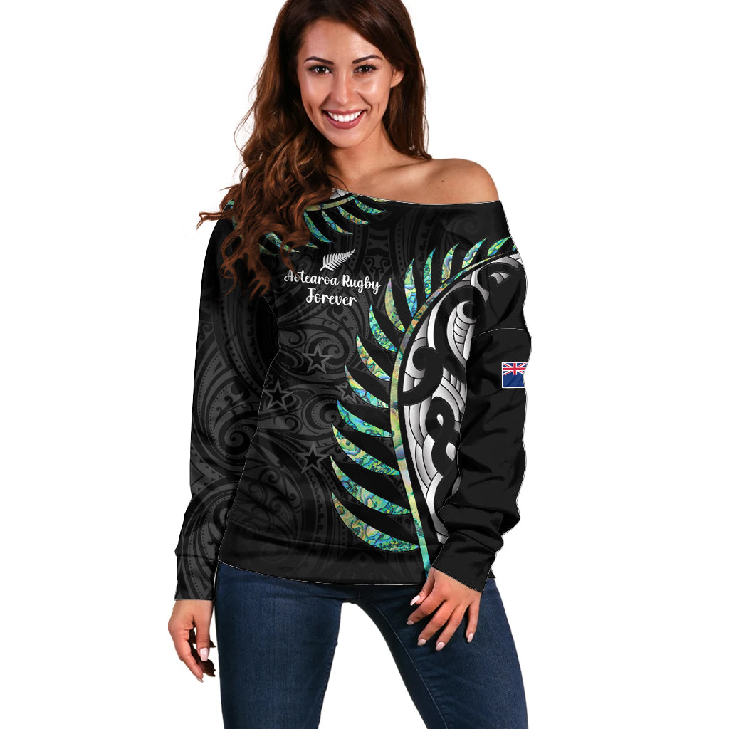 Personalised New Zealand Silver Fern Rugby Off Shoulder Sweater Paua Shell With Champions Trophy History NZ Forever - Vibe Hoodie Shop