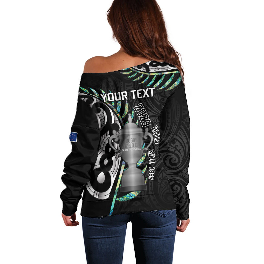 Personalised New Zealand Silver Fern Rugby Off Shoulder Sweater Paua Shell With Champions Trophy History NZ Forever - Vibe Hoodie Shop