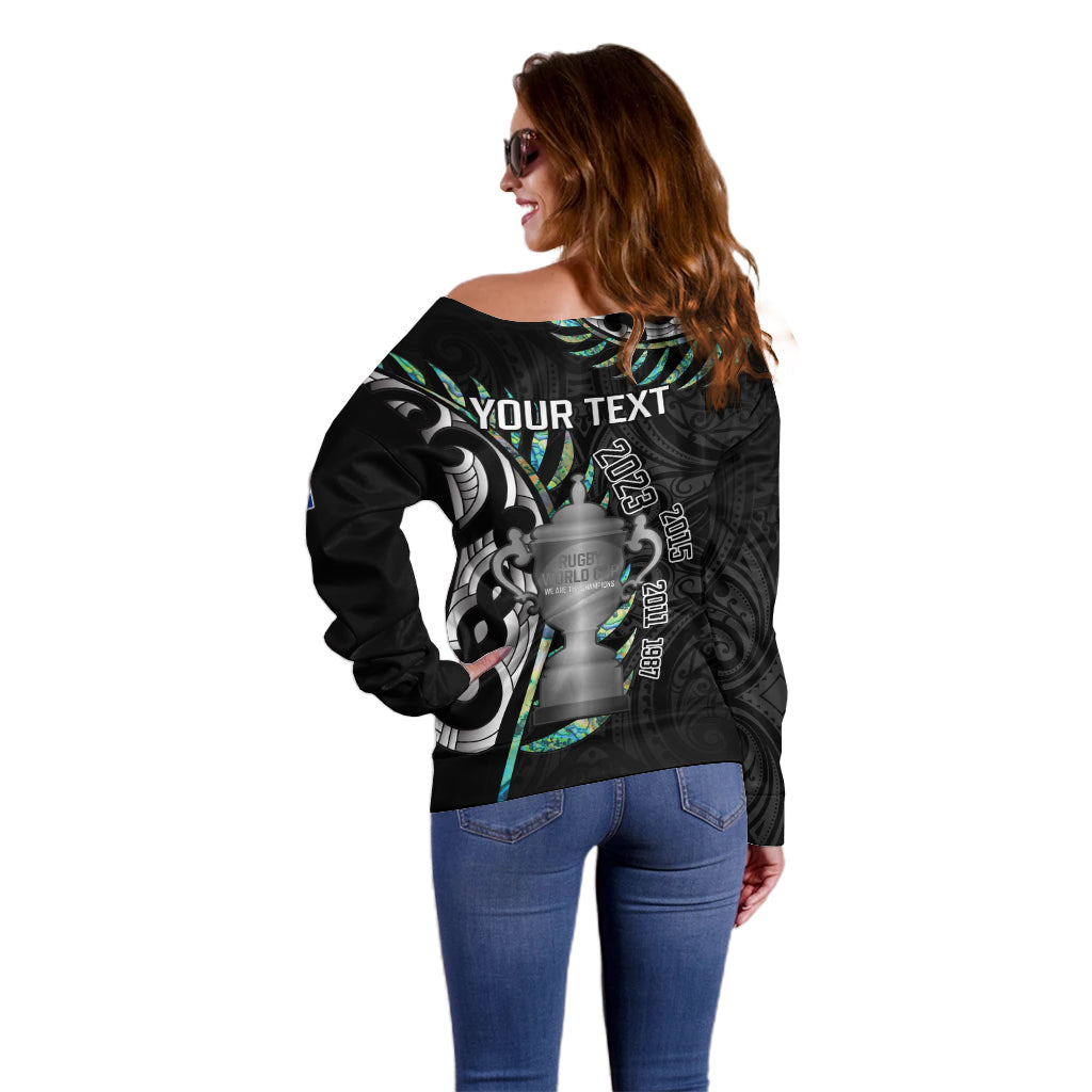 Personalised New Zealand Silver Fern Rugby Off Shoulder Sweater Paua Shell With Champions Trophy History NZ Forever - Vibe Hoodie Shop