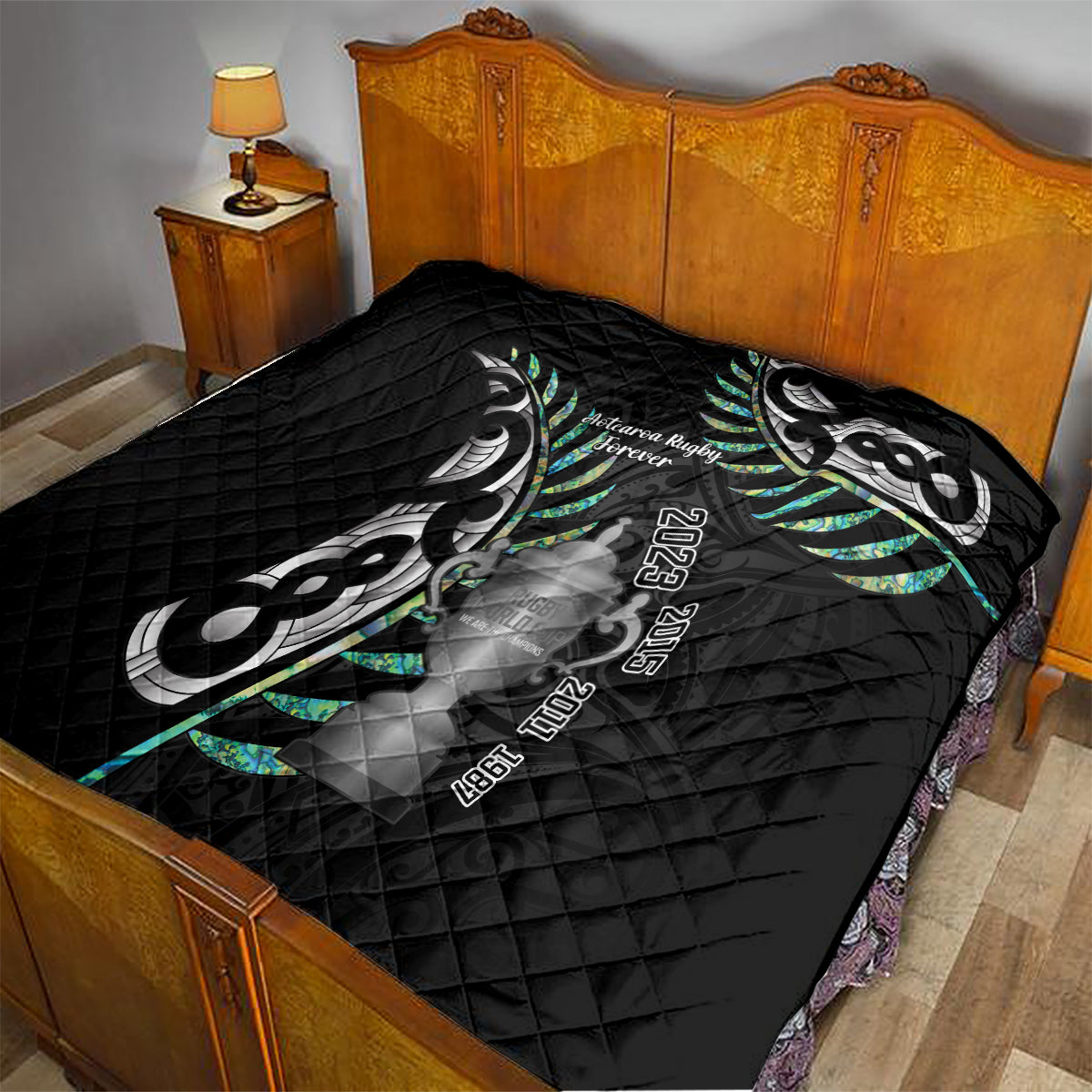 Personalised New Zealand Silver Fern Rugby Quilt Paua Shell With Champions Trophy History NZ Forever - Vibe Hoodie Shop