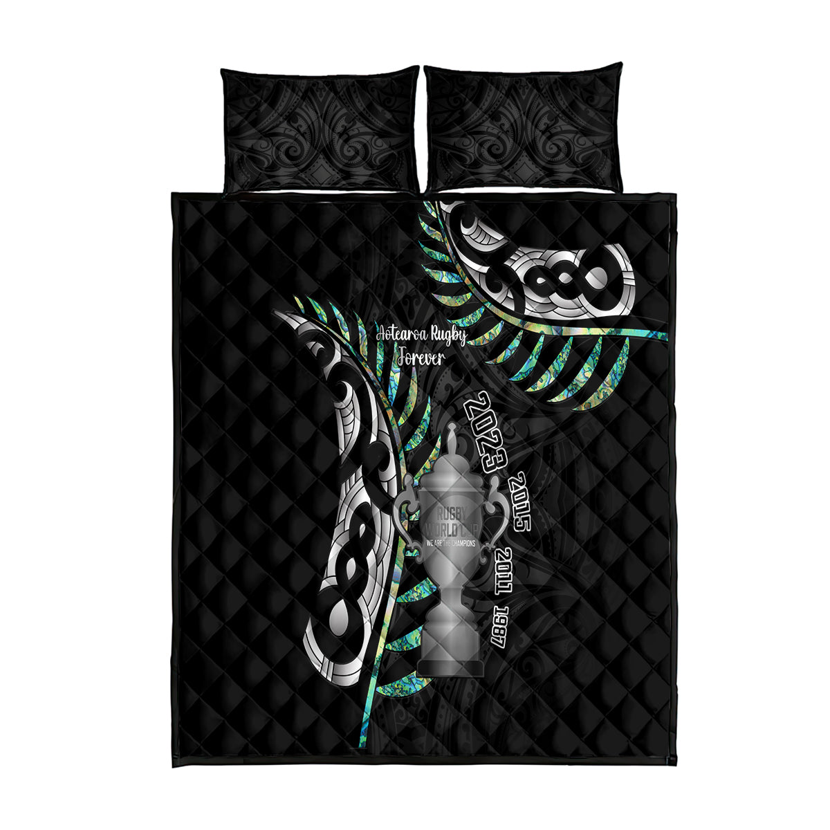 Personalised New Zealand Silver Fern Rugby Quilt Bed Set Paua Shell With Champions Trophy History NZ Forever - Vibe Hoodie Shop