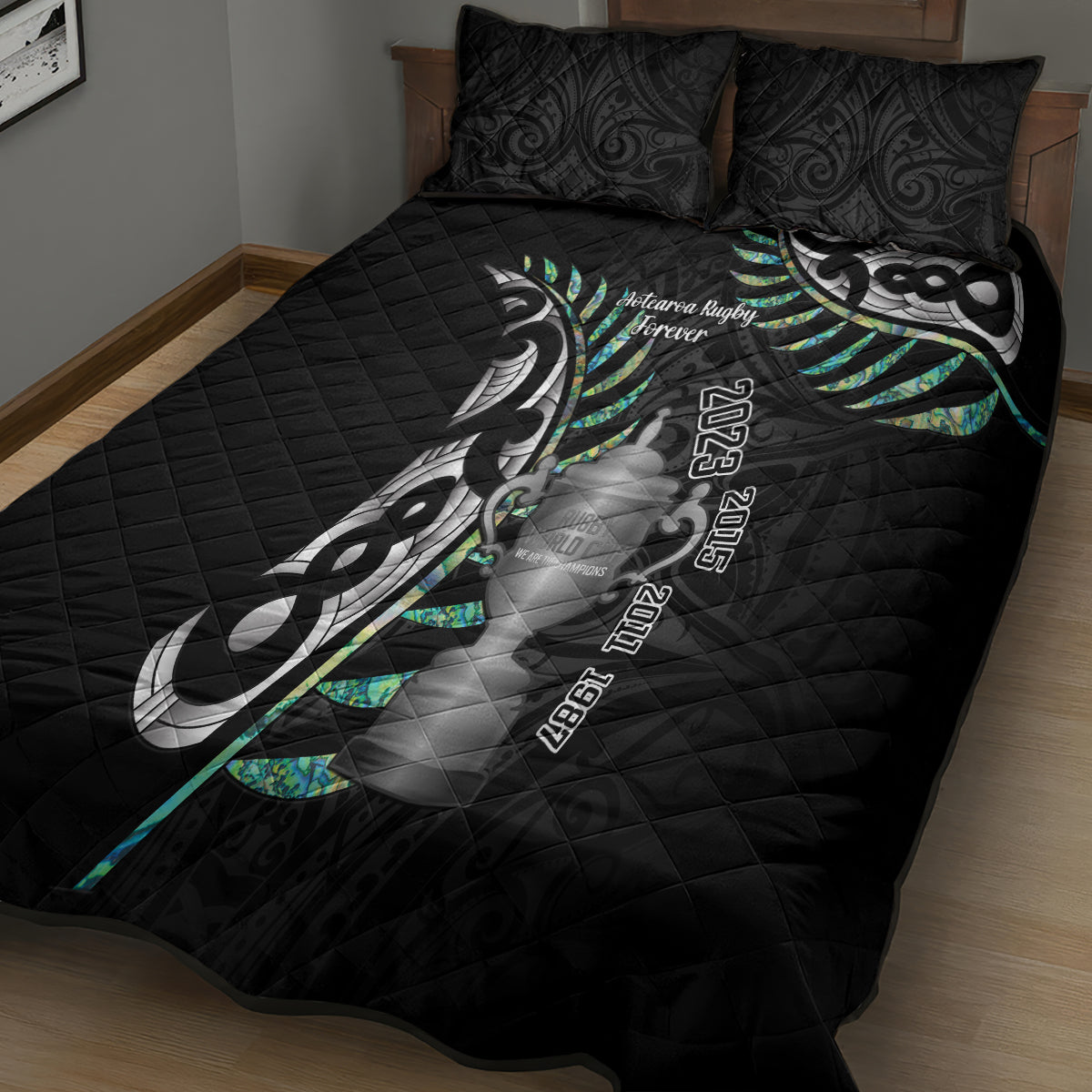 Personalised New Zealand Silver Fern Rugby Quilt Bed Set Paua Shell With Champions Trophy History NZ Forever - Vibe Hoodie Shop