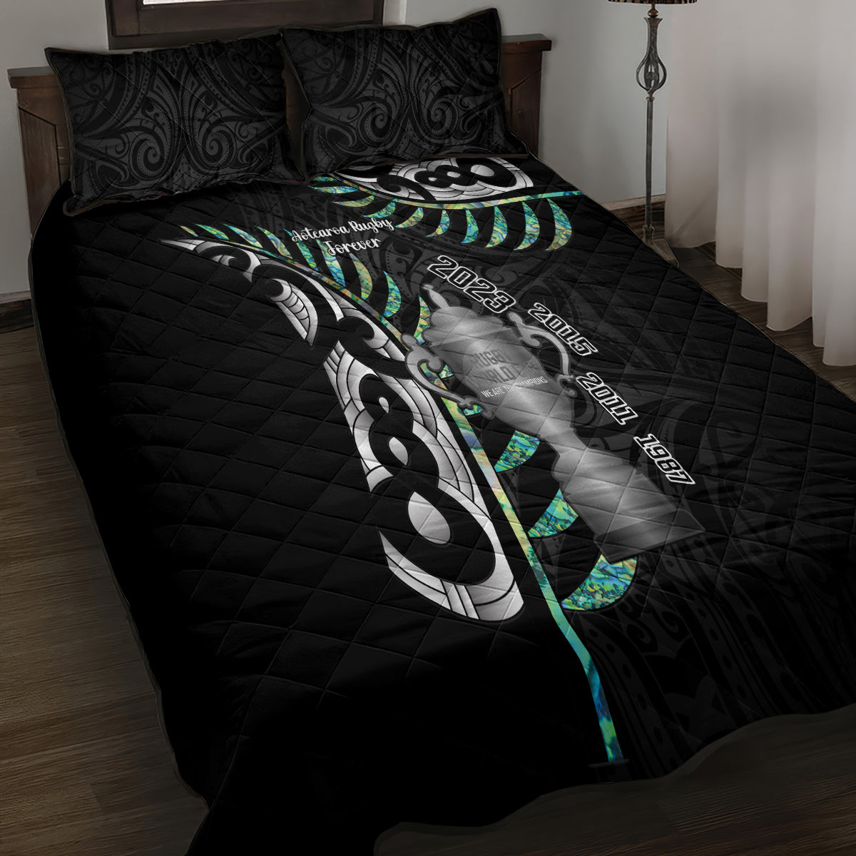 Personalised New Zealand Silver Fern Rugby Quilt Bed Set Paua Shell With Champions Trophy History NZ Forever - Vibe Hoodie Shop