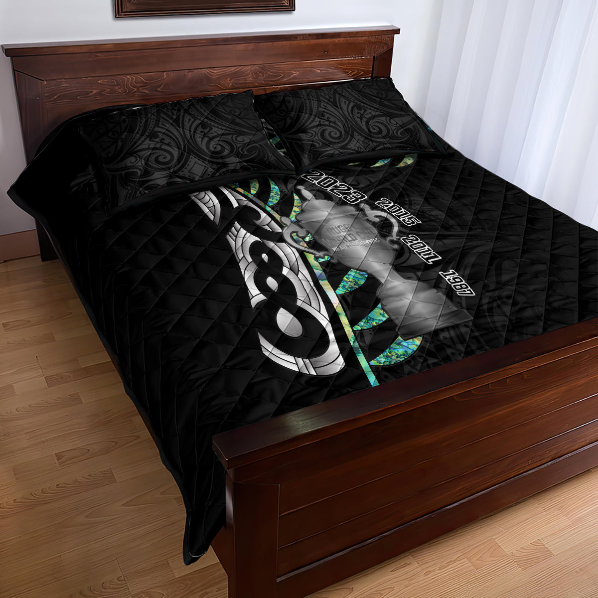 Personalised New Zealand Silver Fern Rugby Quilt Bed Set Paua Shell With Champions Trophy History NZ Forever - Vibe Hoodie Shop