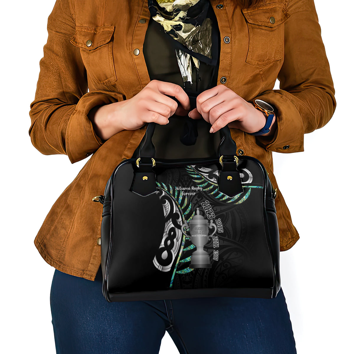 Personalised New Zealand Silver Fern Rugby Shoulder Handbag Paua Shell With Champions Trophy History NZ Forever - Vibe Hoodie Shop